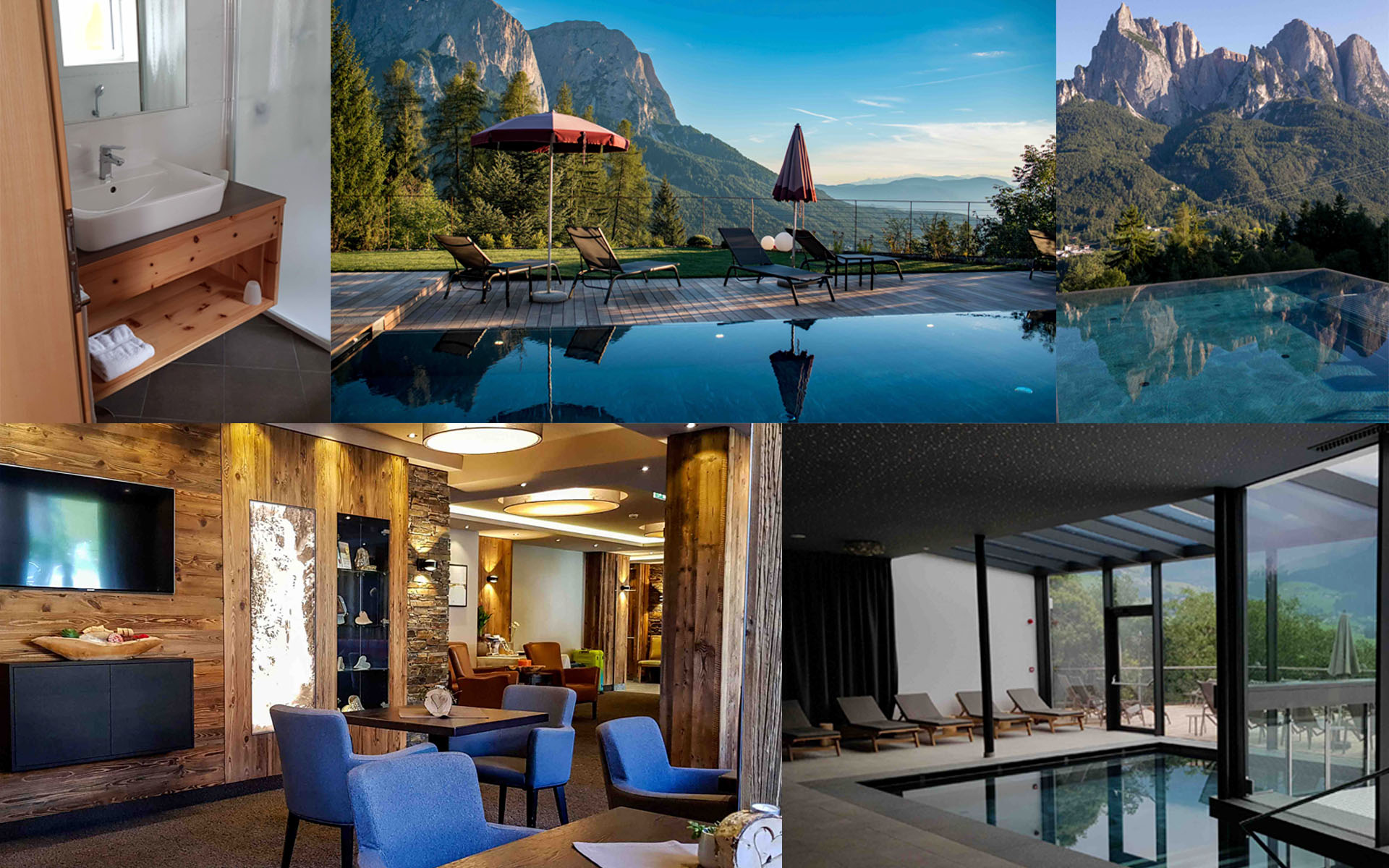 Drei Fotos nebeneinander. Ein Badezimmer, eine Longue in einem Hotel und ein Swimmingpool mit Aussicht auf die Dolomiten.